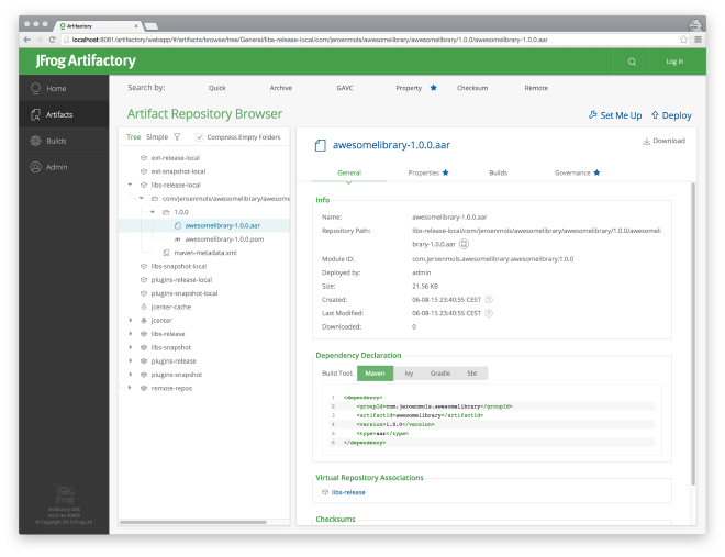 Verify a successful upload in the Artifactory control panel.