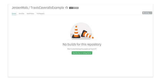 Travis overview with no builds, push code to origin to trigger a build.