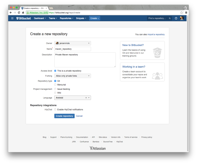 Create new BitBucket repository