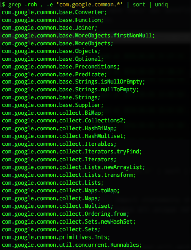 Grep output for references to Guava in an existing project